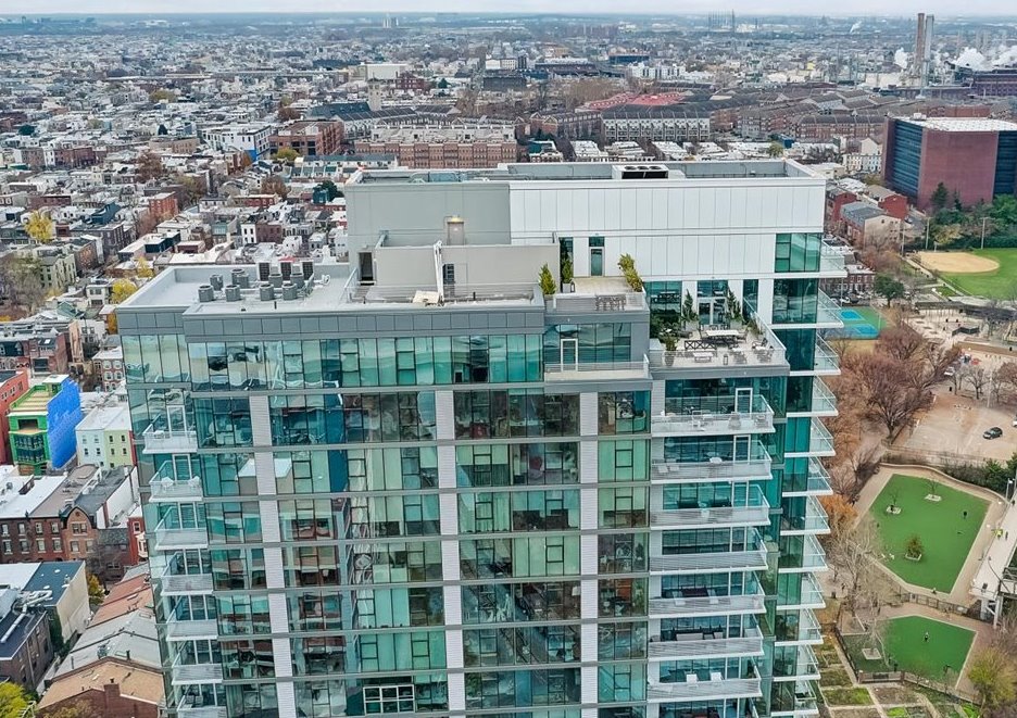 OneRiversideRoof Drone photo of the Roof at Riverside Condos for Sale in Fitler Square in Philadelphia near the University of Pennsylvania