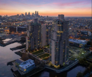 Waterfront Square condos and Philly Skyline at dusk