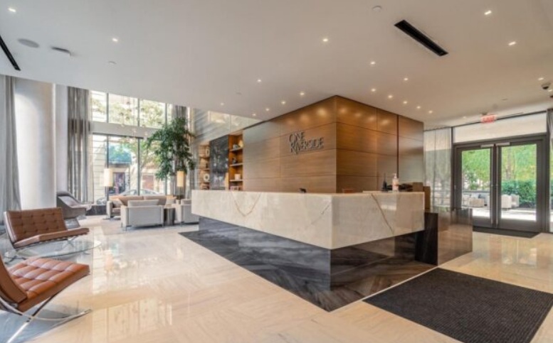 OneRiversideLobby The Lobby at One Riverside Condos in Fitler Square in Philadelphia near the University of Pennsylvania