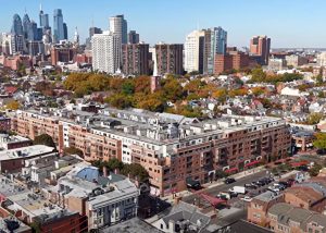 Abbotts Square Condos on 2nd and Lombard with the Philadelphia Skyline in the background