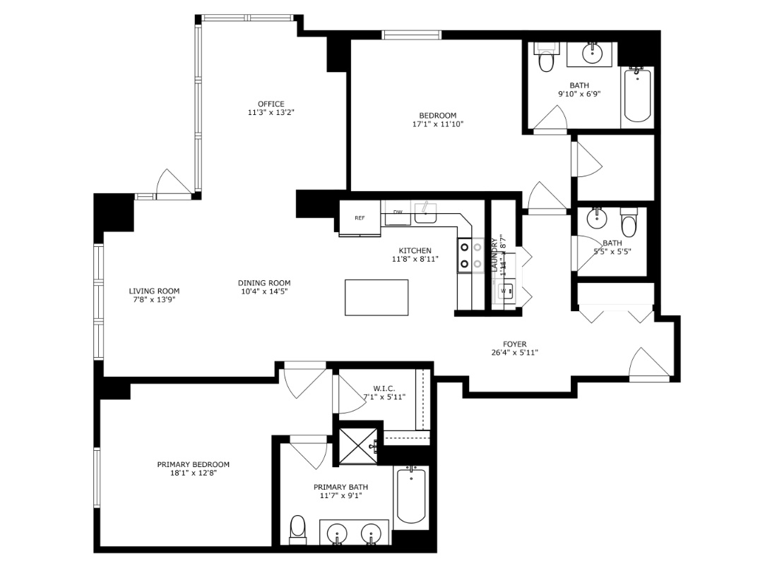 Waterfront Square Open Layout Condo Unit Kitchen and Dining Room