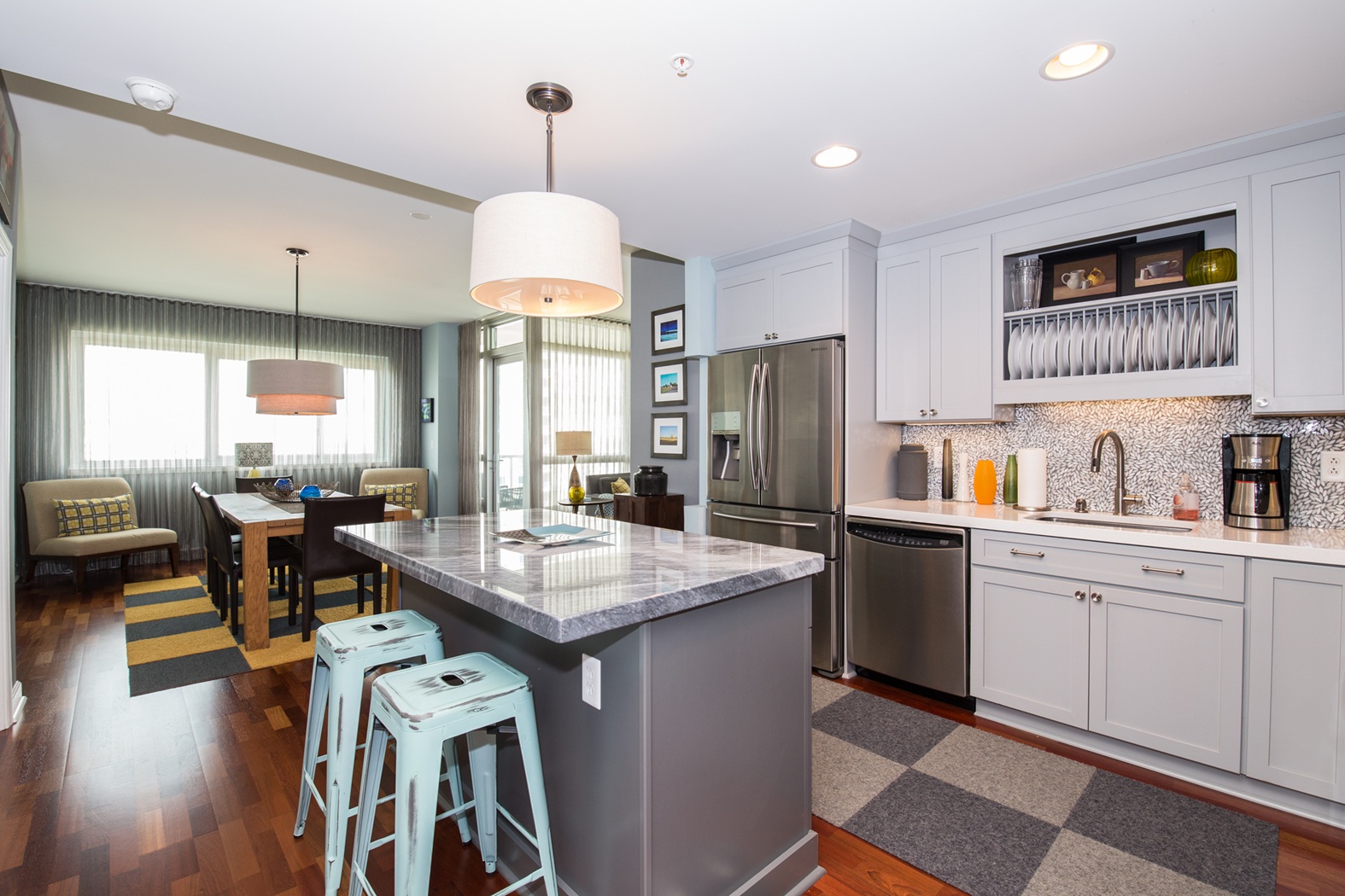 Waterfront Square Open Layout Condo Unit Kitchen and Dining Room